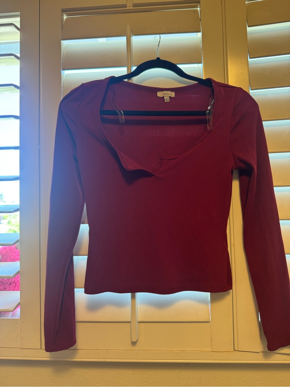 Open-Front Ribbed Long Sleeve Top - Burgundy